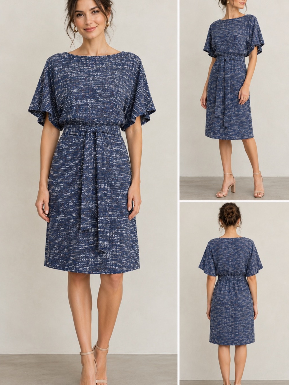 Belted Sparkle Tweed Navy Knit Tie-Waist Dress